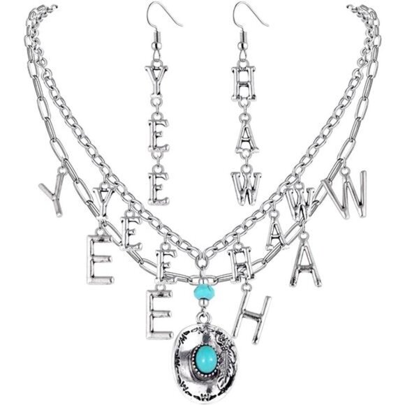 Western "Yee Haw" Turquoise Jewelry Set – Cowgirl Necklace & Earrings Rodeo - Picture 2 of 5